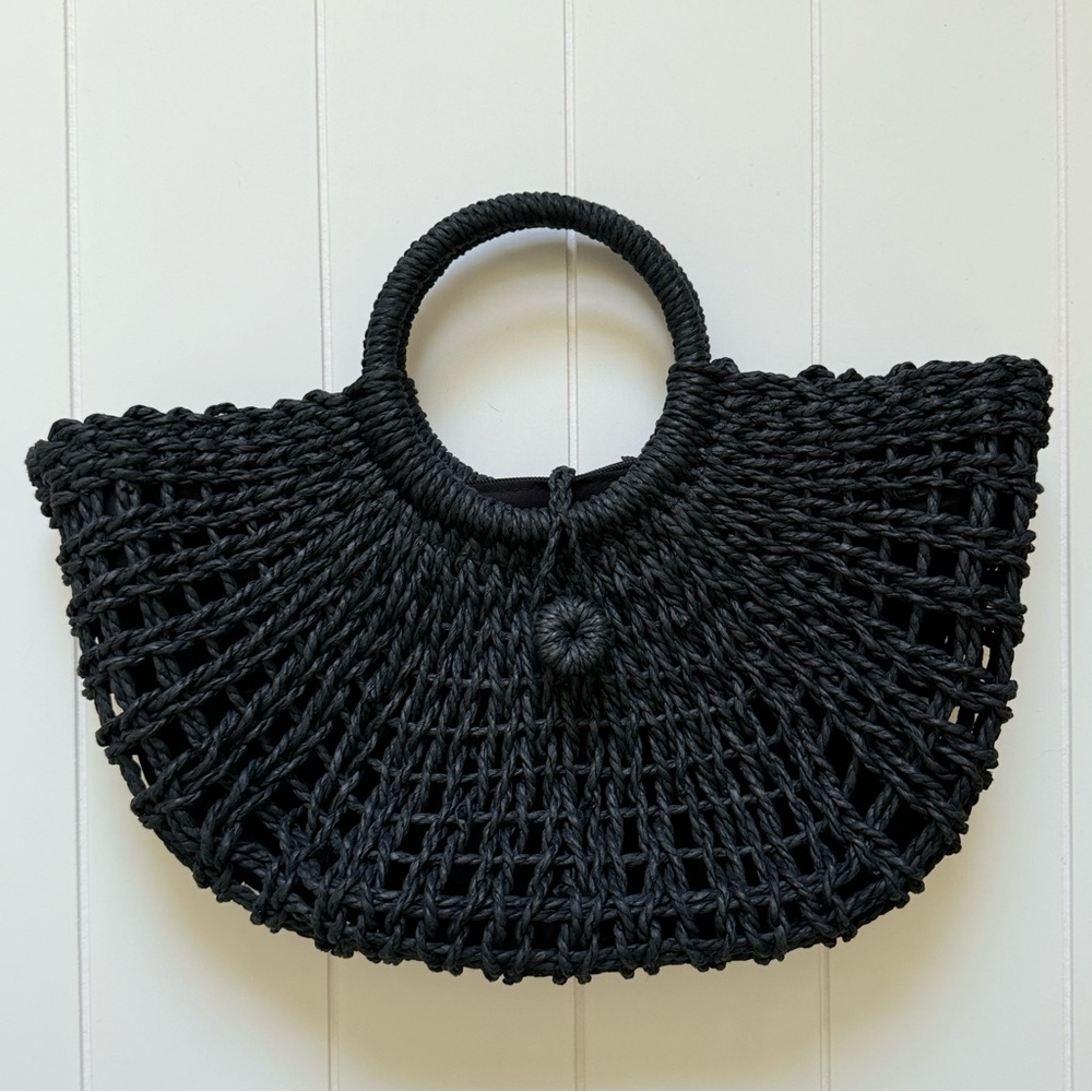 Sleek Black Tote with Woven Texture and Round Handle